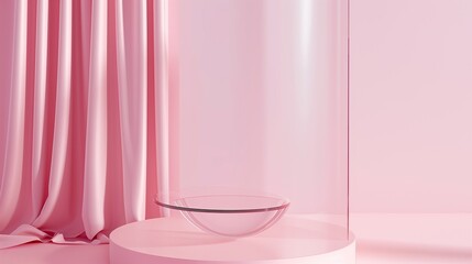 3D rendering of pink pastel podium with glass cylinder showcase.