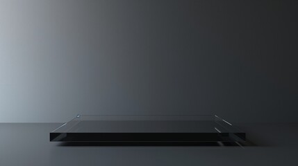 Black glass podium on the dark background.