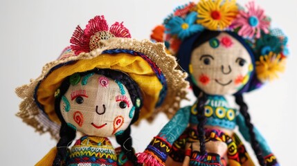 Beautiful handmade Mexican rag dolls displayed against a white backdrop