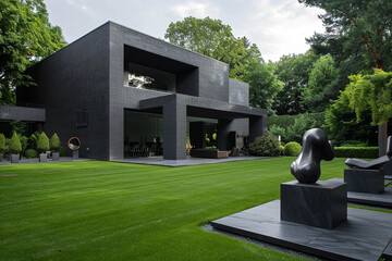 A charcoal grey modern cube house on the outskirts of a modernist Warsaw suburb, with a perfectly manicured lawn and minimalist sculptures.