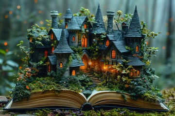 Fototapeta premium Set upon a wooden table, an open fantasy novel is surrounded by miniature castles tucked amidst a backdrop of verdant leaves and forest trees.