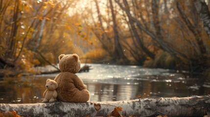 A solitary brown teddy bear embraces a soft toy bunny while perched on a fallen birch tree by a peaceful river on a crisp autumn day seen from behind