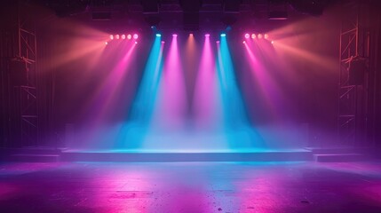 empty stage for performances with colorful lighting. a stage set up with spotlights and lighting...