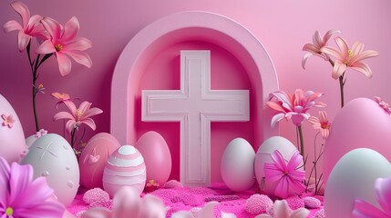 Easter cross flat design, front view, Easter theme, 3D render, vivid