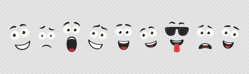 Vector Cartoon Faces Illustrations. Expressive Eyes and Mouth. Funny and Cute character Face Expressions, Icon Set. Caricature Comic Emotions Closeup Isolated.