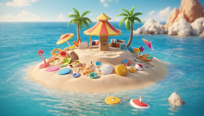 A small sand islet surrounded by the sea with beach symbols, very close view from the water, 3D rendering, social media advertising