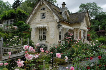 A cream-colored house with lace curtains and a thatched roof, located in a lush English rose garden with a quaint wooden bridge.