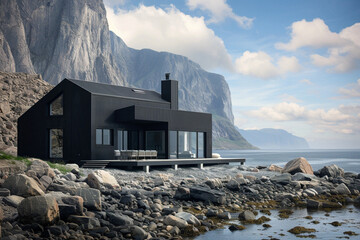 A matte black modernist house on the rocky shores of the Norwegian fjords, with stark, dramatic cliffs rising from the sea. - Powered by Adobe