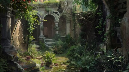 Enchanting Hidden Courtyard: Ancient Ruins & Overgrown Vines