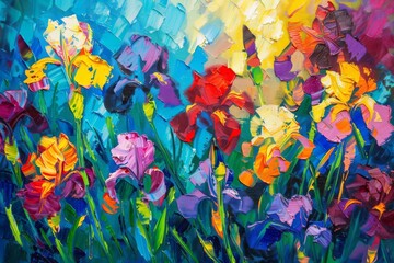 impressionistic oil painting of vibrant iris flowers in garden colorful abstract brushstrokes