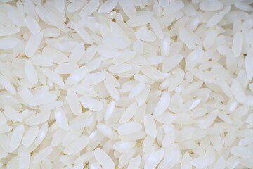 Top view of polished long raw rice background. Organic, natural white rice seed texture. Rice 's grains