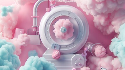 Cotton candy machine flat design, top view, cotton candy theme, 3D render, Splitcomplementary color scheme