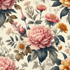 Flower and plant. Floral classic seamless print in shabby chic style. Flowers vector illustration: peony, rose, aster, leaves and plants for background, pattern and wallpaper Generative AI Techonology