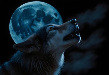 Naklejka premium wolf howling at a blue moon, generative AI
