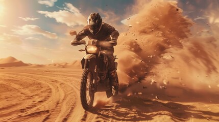 Extreme motorcycle riding. Racer in the sandy desert. Generative AI realistic