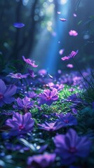 A beautiful landscape with blue light and purple flowers flowing through the air onto the  forest glen floor.