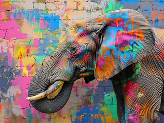 A vibrant graffiti mural of an elephant painted with a colorful mix of abstract patterns and bright...