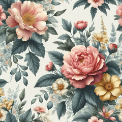 Flower and plant. Floral classic seamless print in shabby chic style. Flowers vector illustration: peony, rose, aster, leaves and plants for background, pattern and wallpaper Generative AI Techonology