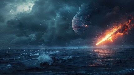 In a dramatic Armageddon like scene a blazing meteor hurtled downwards and crashed into the vast expanse of the ocean