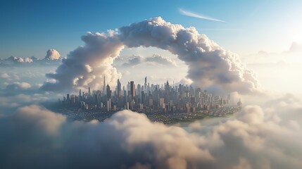 An imaginative depiction of a bustling cityscape surrounded by a massive cloud arch, merging urban life with dreamlike elements.