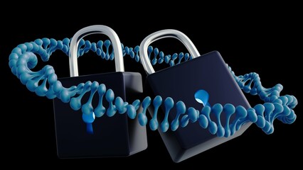 3d rendering of plasmid circular DNA and padlocks