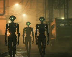 Three robots walking in a dark, foggy environment.