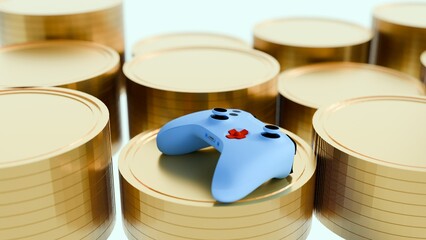 3d rendering of pile of gold coins and game controller