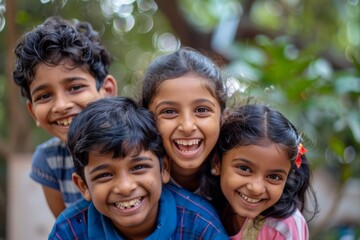Group of happy indian kids smiling and looking at camera in the park