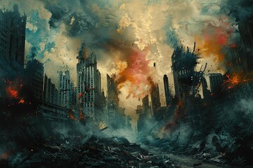 A post-apocalyptic city in ruins with debris everywhere and large buildings in the background, dark and gloomy atmosphere, apocalypse, destruction, urban, cityscape, war, aftermath,Fei Xu tonatsutaMo