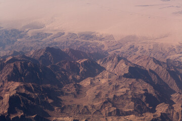 Aerial view of the mountains and sandy plateau of Egypt, the Sinai Peninsula. Aerial photography.