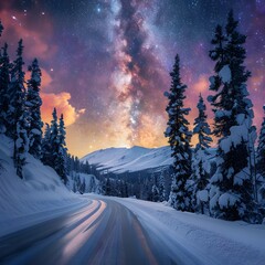 Road leading towards colorful sunrise between snow covered trees with epic milky way on the sky