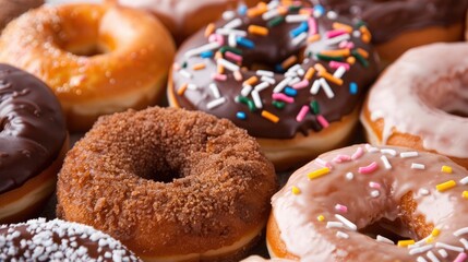 An up close view of a variety of delicious donuts - Powered by Adobe