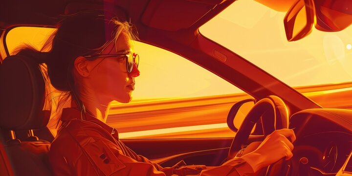 a beautiful young woman is driving her new car, in the style of light orange and dark maroon, photobash, photo-realistic hyperbole, ephraim moses lilien, studyplace, high quality, optical AIG51A.
