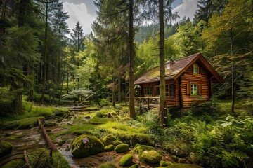 secluded wooden cabin hideaway surrounded by untouched nature tranquil landscape photography