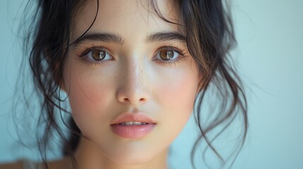 Portrait of beautiful woman. Woman with black hair takes care about skin. Beauty concept. Skin concept. Woman concept. Care concept.