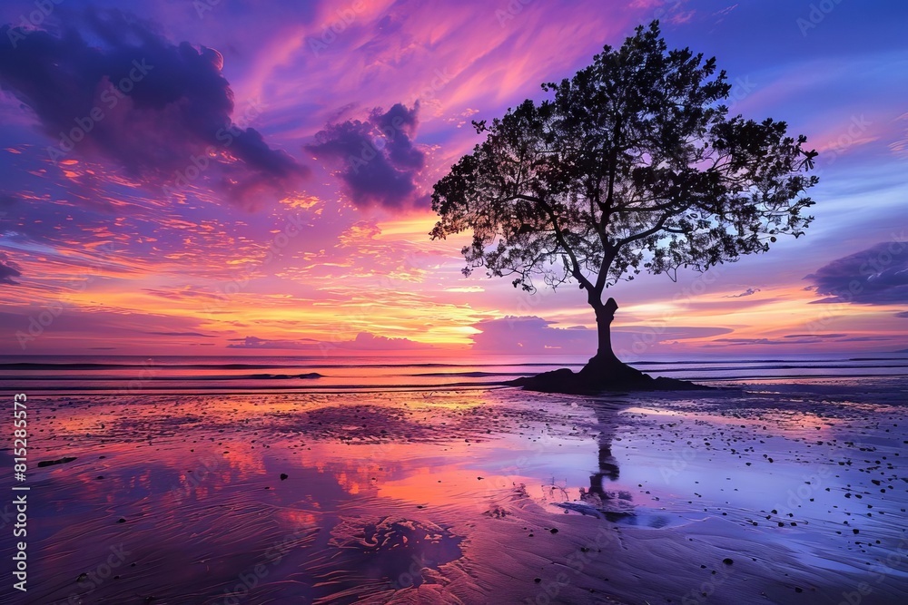 Wall mural serene sunset lone tree silhouetted against a vibrant sky on a tranquil beach landscape photography