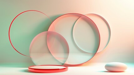 An abstract illustration with 3d circles in red and green on soft white. 