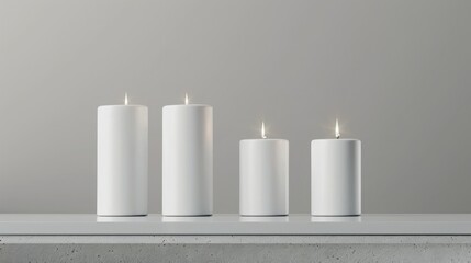 Four white pillar candles of different heights, aligned in a row on a modern glass surface realistic