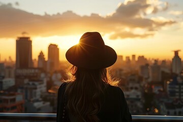 silhouette of woman in hat admiring city skyline at golden hour rear view wanderlust