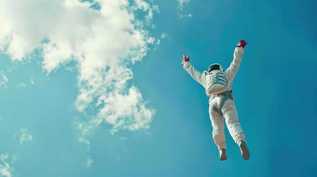 Brilliant American scientist diving into scientific exploration, against a backdrop of serene sky blue