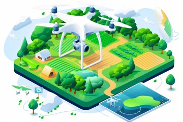 Smart farming techniques employ advanced drones for crop health surveillance, utilizing digital tools and isometric vectors to enhance agricultural field management