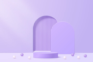 3d purple podium pedestal with geometric backdrop, product stand with pastel room background. Vector mockup scene for product showcase.
