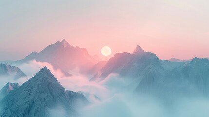 foggy mountain range at dawn, the sun rising behind the peaks, piercing through the mist, subtle pastel gradient in the sky realistic