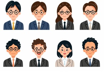 A set of icons featuring Japanese office workers in business suits, wearing glasses and smiling. 