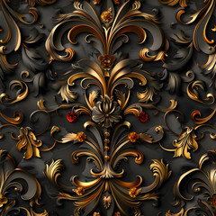 A gold and black floral patterned wallpaper. The design is ornate and intricate, with a lot of detail. The wallpaper is likely meant to add a touch of luxury and elegance to a room