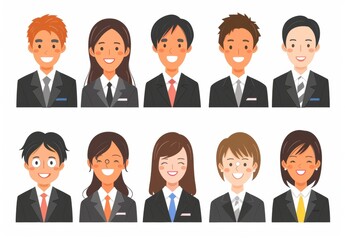 A set of icons featuring Japanese office workers in business suits, wearing glasses and smiling. 