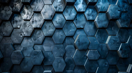 A blue background with hexagonal shapes. The shapes are all different sizes and are arranged in a way that creates a sense of depth and texture. Scene is one of modernity and sophistication