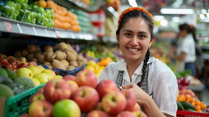 Smiling hispanic female supermarket fruit section worker looking at the camera