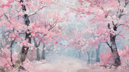 Muted pink cherry blossoms in an impressionistic style