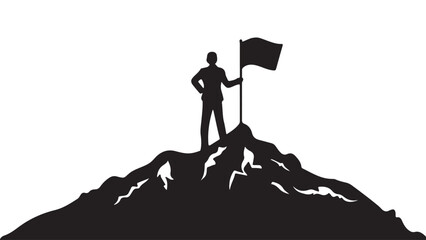Silhouette of a man standing on top of a mountain holding a flag